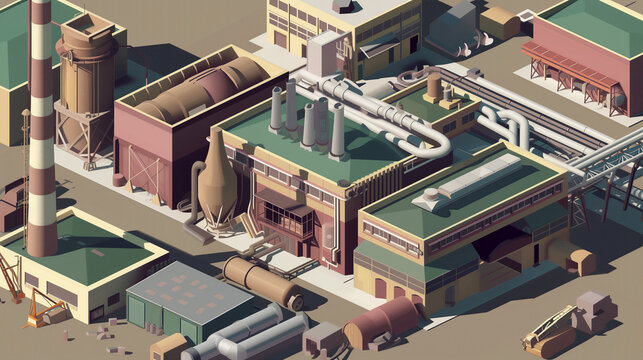 Vector isometric factory City Site with Industrial Equipment and Vehicles in Action