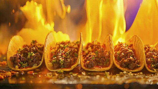 A captivating moment captured in an image as beef tacos sizzle and pop on a hot griddle enveloped in a shimmering glow from the flames below. Just one look at this picture