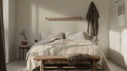 Serene Minimalist Bedroom with Wall-Mounted Coat Rack and Bench