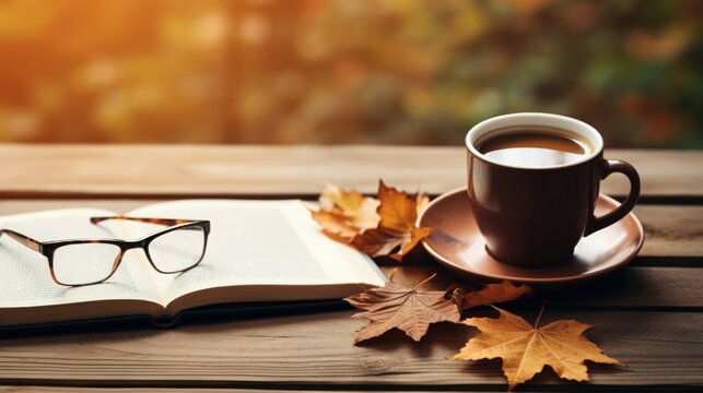 A cup of coffee, an open book, and glasses, with a blurred autumn background.