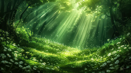 Fototapeta premium An enchanted forest, vibrant foliage, mystical creatures, green, whimsical, fantasy, dreamy photography