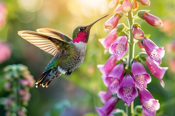 a male humming bird hovering near a foxglove flower, close-up shot, high detail, motion blur, amazing sunlight - obrazy, fototapety, plakaty