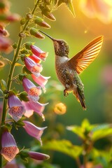 a male humming bird hovering near a foxglove flower, close-up shot, high detail, motion blur, amazing sunlight - obrazy, fototapety, plakaty