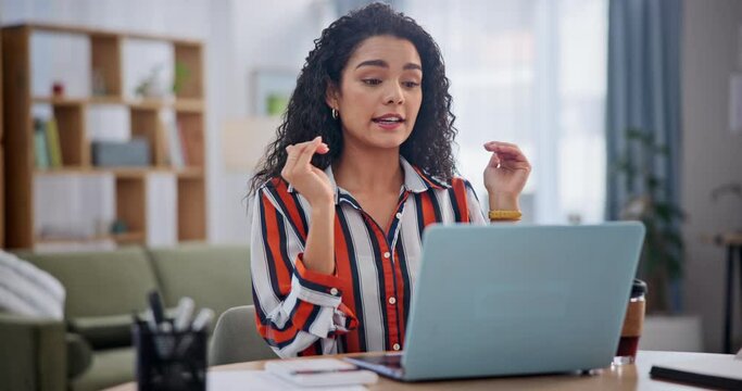 Life coach, woman and home with laptop for online meeting, consultation and life skills and development with client. Apartment, remote work and wellness building with video call for career guidance.