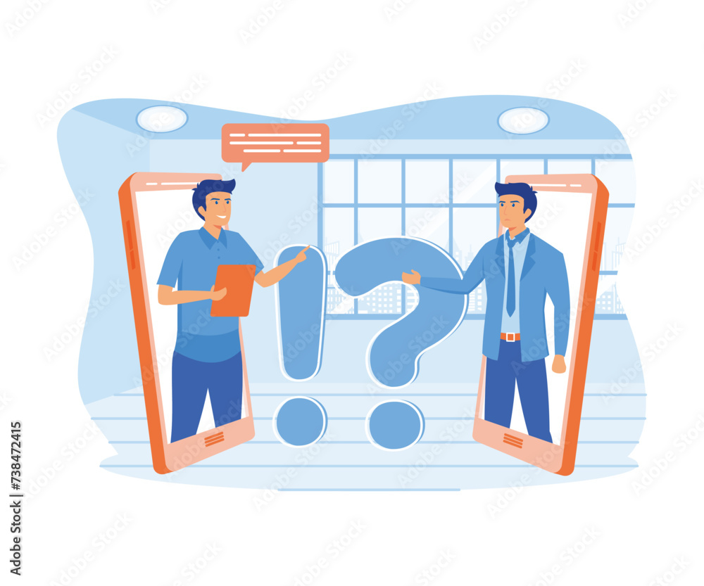 Poster confused man asking to online support center via smartphone. frequently asked questions. exclamation