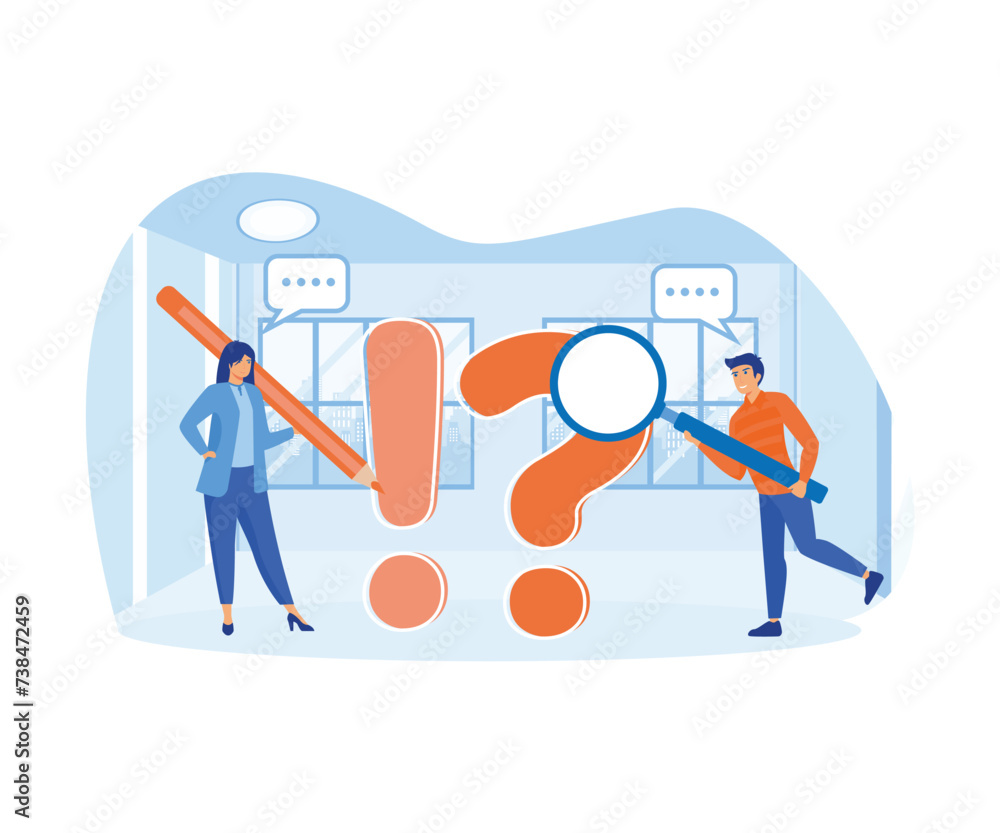 Poster frequently asked questions or problem solving, solution or support idea concept, businessman and wom