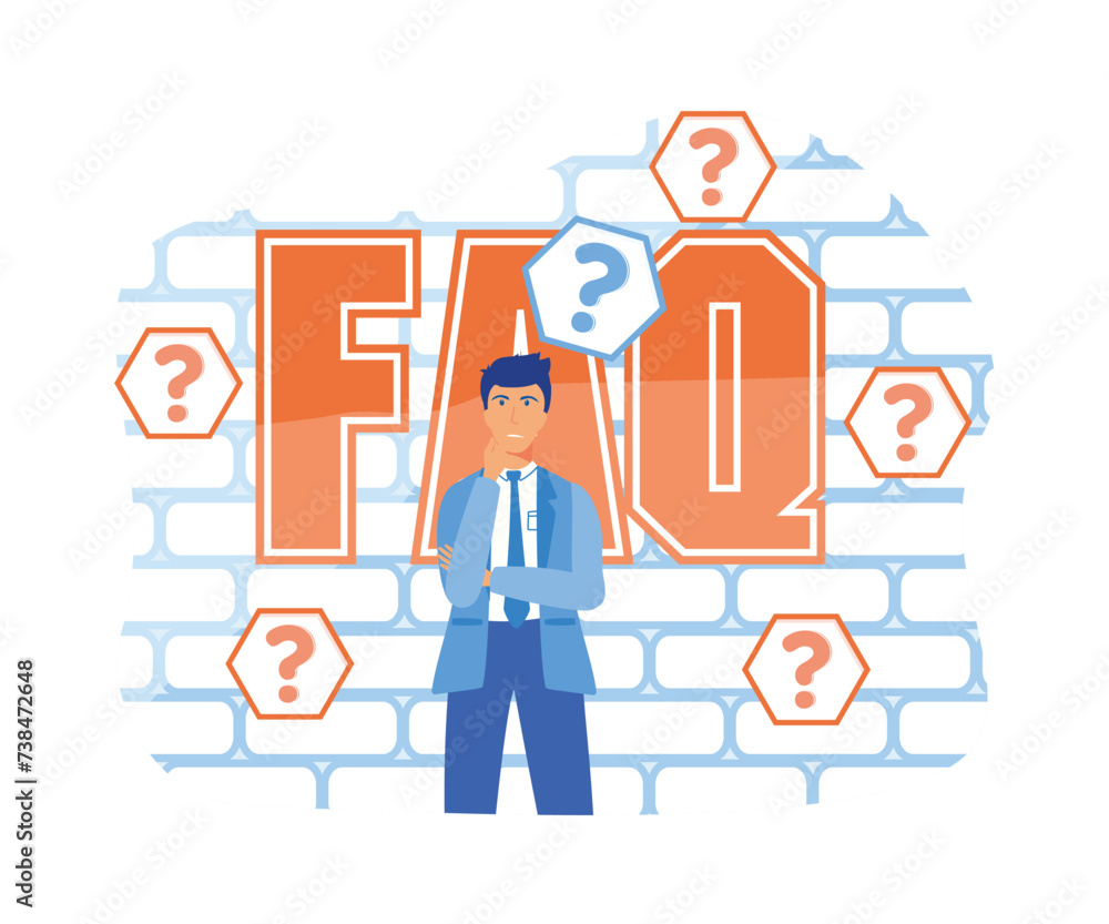 Poster thinking man with question mark. confused, doubts, curious. frequently asked questions. flat vector 