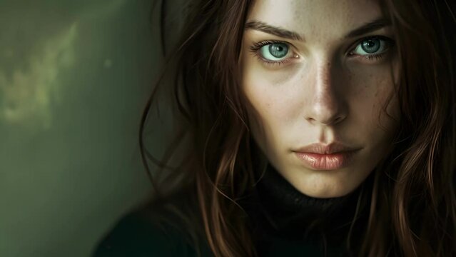 A woman with a haunting vacant stare symbolizing a dissociative personality disorder, Close-Up of Person With Blue Eyes