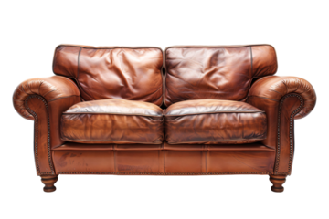 antique leather sofa or couch isolated on a transparent background, old Chesterfield sofa cut out PNG