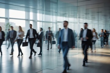 Crowd of business people walking in office fast moving with blurry business