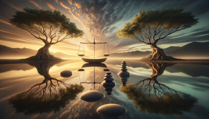Tranquil sunset scene with balanced rowboat and symmetrical trees in serene natural landscape
