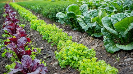 Fototapeta na wymiar Organic Lettuce Varieties Growing in Garden Rows 