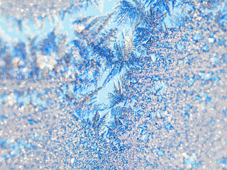 Ice, crystals and frozen on glass in winter or nature environment for global warming, climate or cold weather. Frost, outdoor and snow travel in Swiss Alps for explore or textures, freezing or season