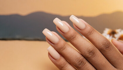 Beige natural nails extension manicure close up