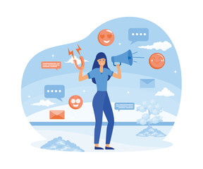 Social media influencer. woman holding megaphone and magnet. Different social media icons. flat vector modern illustration 