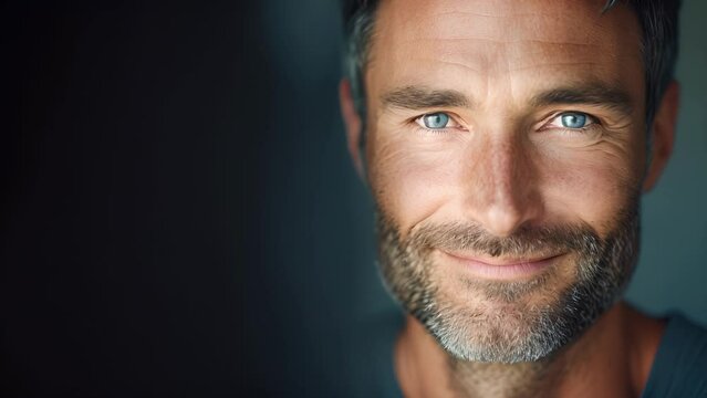 Closeup portrait of a man in his 30s his face a mix of joy and relief as he finally feels comfortable in his own skin, Bearded male With Blue Eyes