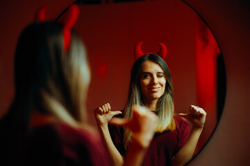 Evil Vain Arrogant Woman Pointing to Herself in the Mirror. Self-center person acting entitled and...