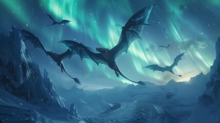 Ice dragons flying over the Northern Aurora