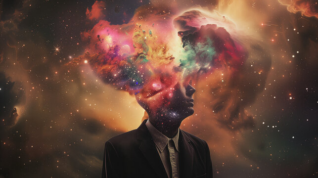 Conceptual Portrait of a Man with a Cosmic Brain Exploding into a Nebula