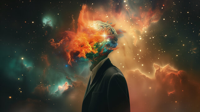 Conceptual Portrait of a Man with a Cosmic Brain Exploding into a Nebula