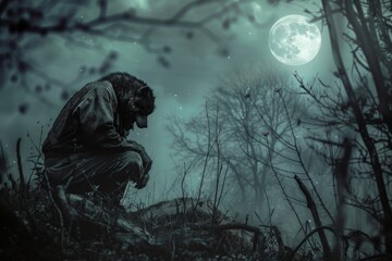 A werewolf in a mystical woodland under a full moon