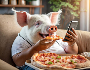 スマートフォンの画面を見ながらジャンクフードを食べるだらしない体型の豚の写真 - obrazy, fototapety, plakaty