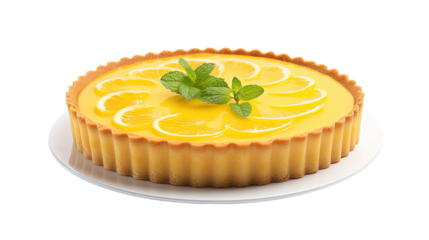 Lemon tart on white isolated on clear png background and transparent background. Bakery and pastry concept for cafe and restaurent, AI generative.	
