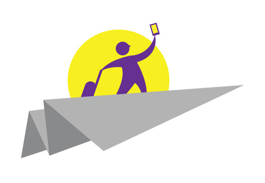 A traveler uses a phone to take pictures while riding a paper plane. Editable vacation Clip Art.
