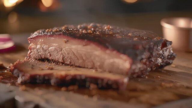 A thick slice of slowsmoked brisket its deep savory flavor complemented by a sweet and y BBQ glaze. The charred edges and pink smoke ring are a testament to the hours spent