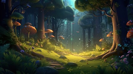 Illustration of a sprawling forest aglow with fireflies in the evening