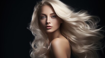 Naklejka premium Young woman with long blonde hair on dark background