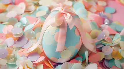 A pastel-colored paper gift egg nestled in a bed of vibrant confetti, adorned with a delicate ribbon bow