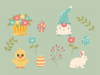 Easter cute bunny, gnome, chick and flower with painted eggs set. Set of vector cute Easter cartoon characters and design elements.