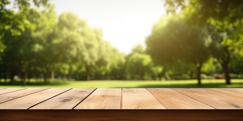 A blank wooden table with a blurred park background, a template for your design display, and a banner for product advertising. - obrazy, fototapety, plakaty