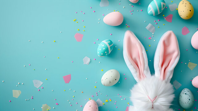 Top view photograph capturing the essence of Easter with bunny ears and pastel eggs arranged on a teal surface, offering a delightful holiday card idea