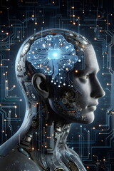 Artificial intelligence. Computer mind connections head. Human head with circuit board inside. Engineering concept