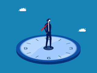 Time management. confident businessman stands on the clock