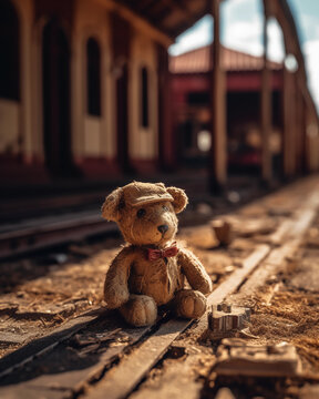 An old, abandoned Victorian Australian train station in the outback, with a handmade vintage soft toy teddy bear on the railway tracks from the 19th century. 