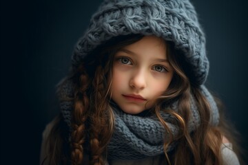 Portrait of a little girl in a gray hat and scarf.