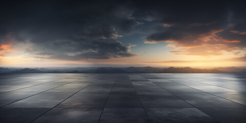 Dark concrete floor with picturesque night sky horizon, Evening light with dramatic clouds and the city.
