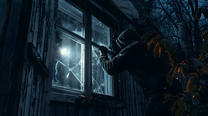 A burglar wearing a black hoodie and gloves is breaking into a house through a window, The burglar could be using a flashlight to look for valuables. - obrazy, fototapety, plakaty