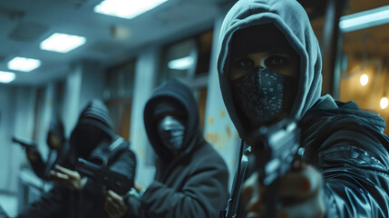 A group of thieves wearing ski masks are robbing a bank, The thieves could be holding guns, and they could be forcing the bank tellers to hand over money. - obrazy, fototapety, plakaty