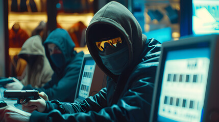A group of thieves wearing ski masks are robbing a bank, The thieves could be holding guns, and they could be forcing the bank tellers to hand over money.