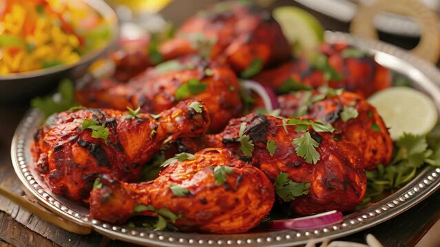 A festive display of tandoori chicken served on a silver platter with a colorful sprinkling of herbs and es. The fiery red chicken is the star of the meal with a tantalizing