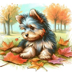 Autumn Splendor - Yorkshire Terrier Amidst the Fall Leaves illustration