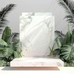 3d podium white marble with green leaf 