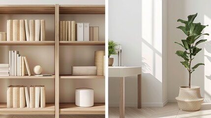 Simplistic Workspace with Wooden Bookshelf AI Generated.