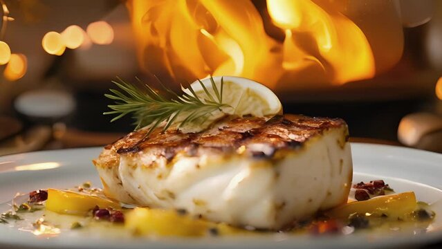 Tender and flaky swordfish kissed by the flames of the open hearth has a deliciously smoky aroma. Drizzled with a refreshing lemon sauce and presented against a backdrop of
