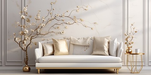 Luxurious living room with gold bench, velvet pillows, flowers, sculpture, and elegant accessories. Modern decor, interior design, template, abstract background.