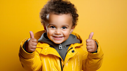 Toddler boy in a yellow coat giving thumbs up on a yellow background
